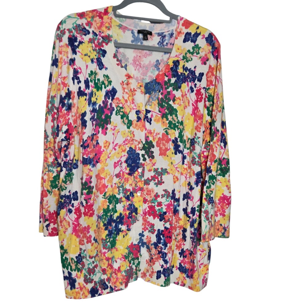 Talbots Woman Floral V-Neck Cardigan Sweater Multi-Color Cotton Blend Plus 3X